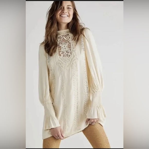 Free People burnt orange Vienna smocked sleeves crochet lace boho Mini Dress - Picture 7 of 9